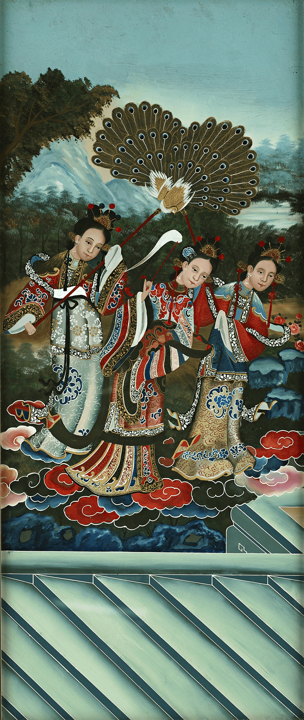 Qing Dynasty Reverse Glass Work - Three Figures with Peacock Fans