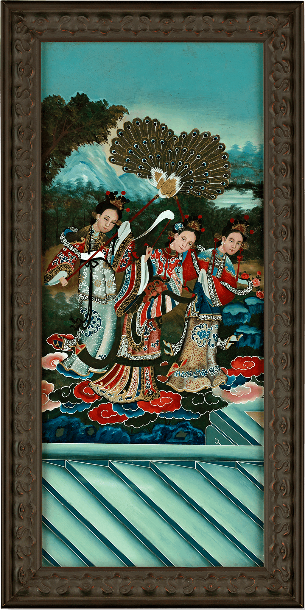 Qing Dynasty Reverse Glass Work - Three Figures with Peacock Fans