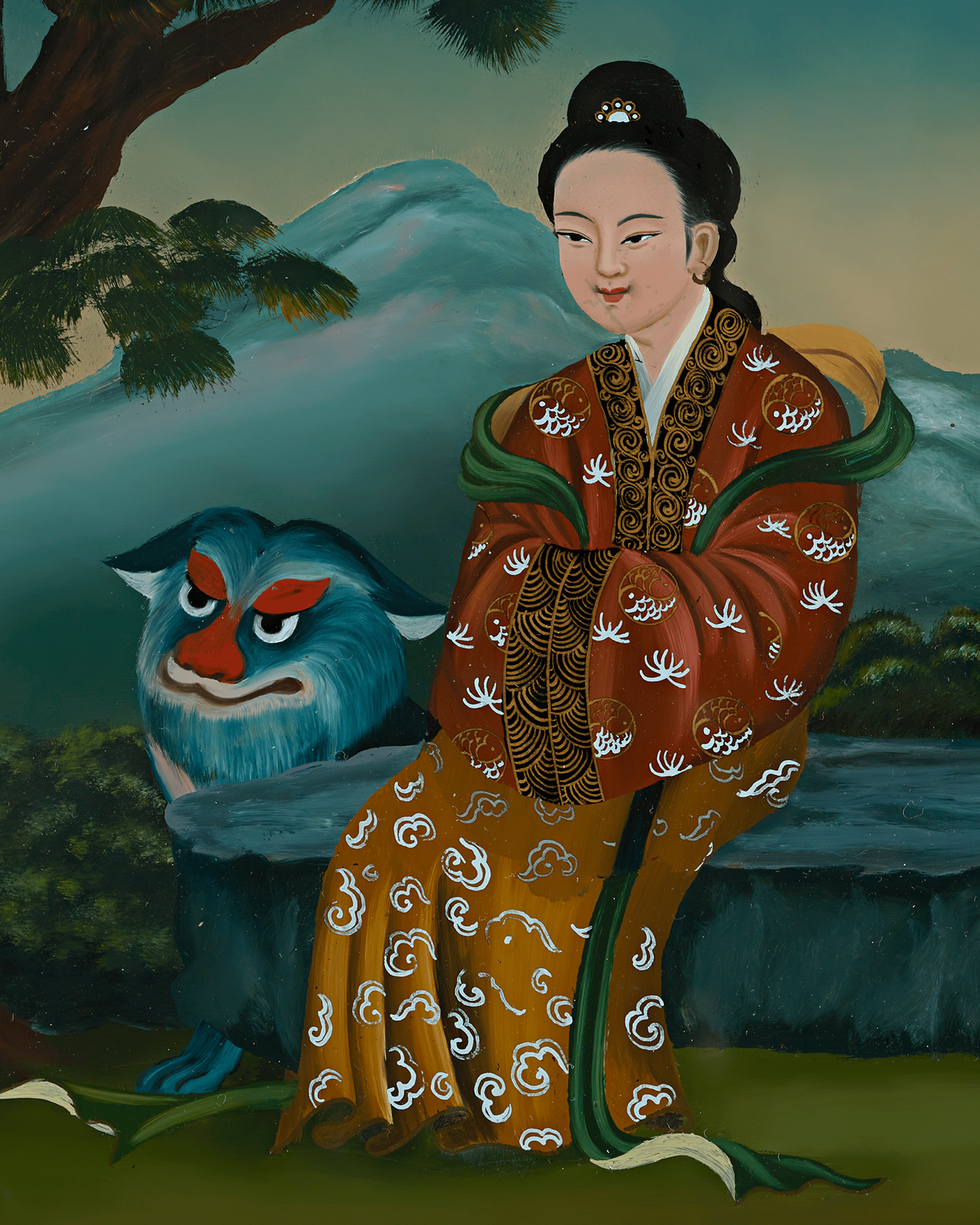 Qing Dynasty Reverse Glass Work - Seated Figure with Blue Creature