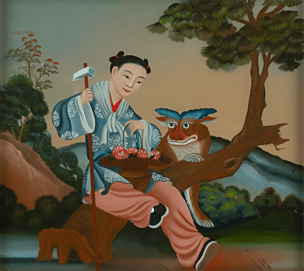 Qing Dynasty Reverse Glass Work - Seated Figure with Brown Creature