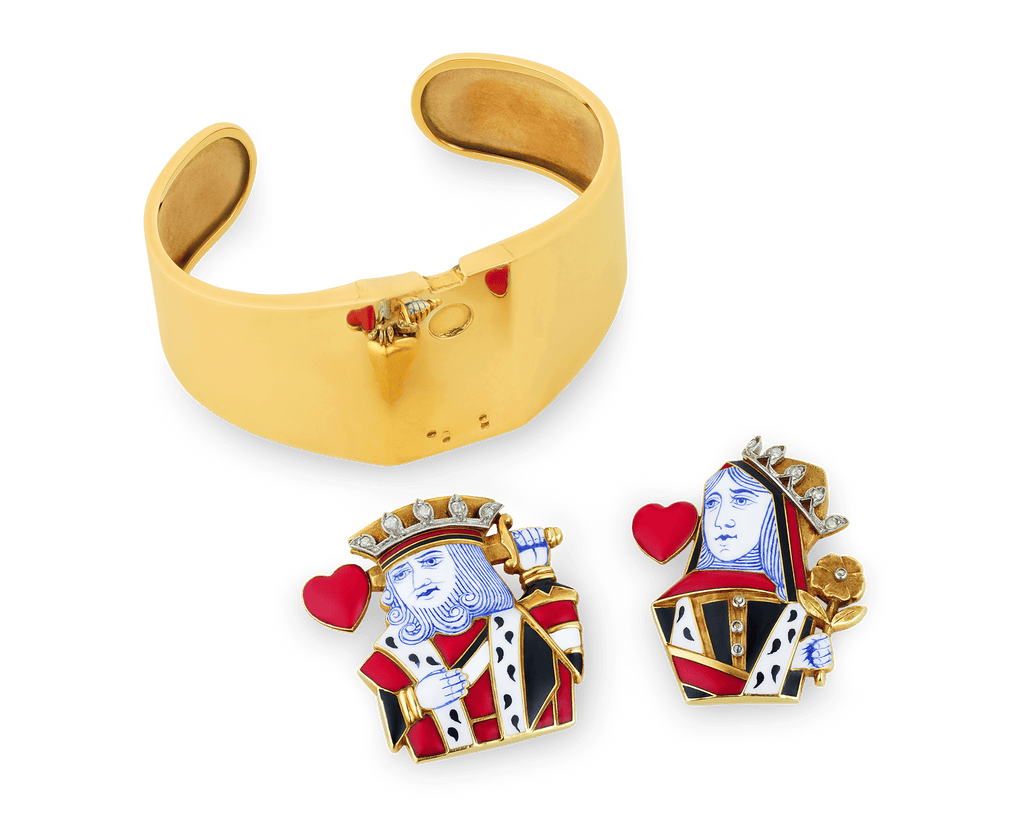Cartier Playing Card Brooches and Gold Cuff