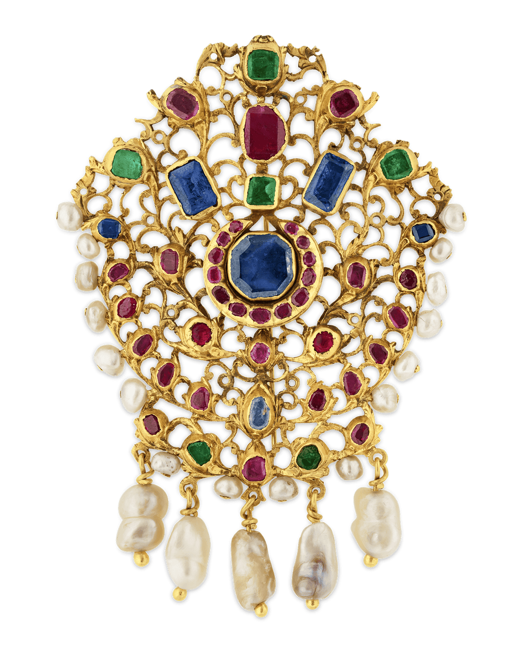 Mughal Colored Gemstone and Pearl Pendant Brooch