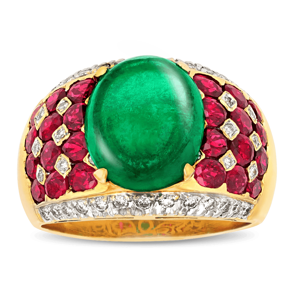 Cabochon Emerald, Ruby and Diamond Ring