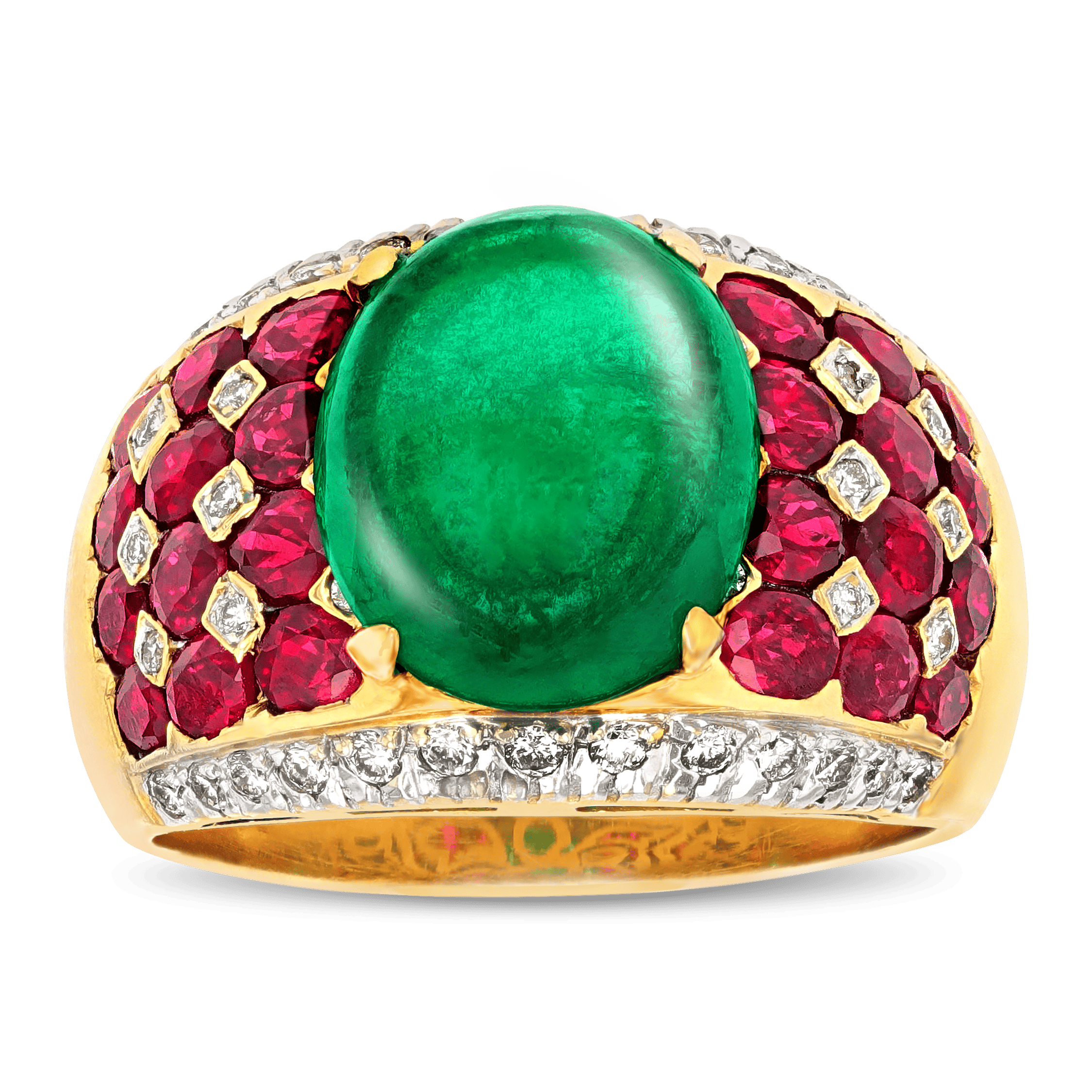 Cabochon Emerald, Ruby and Diamond Ring