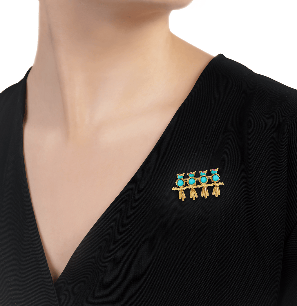 Turquoise and Ruby Bird Brooch
