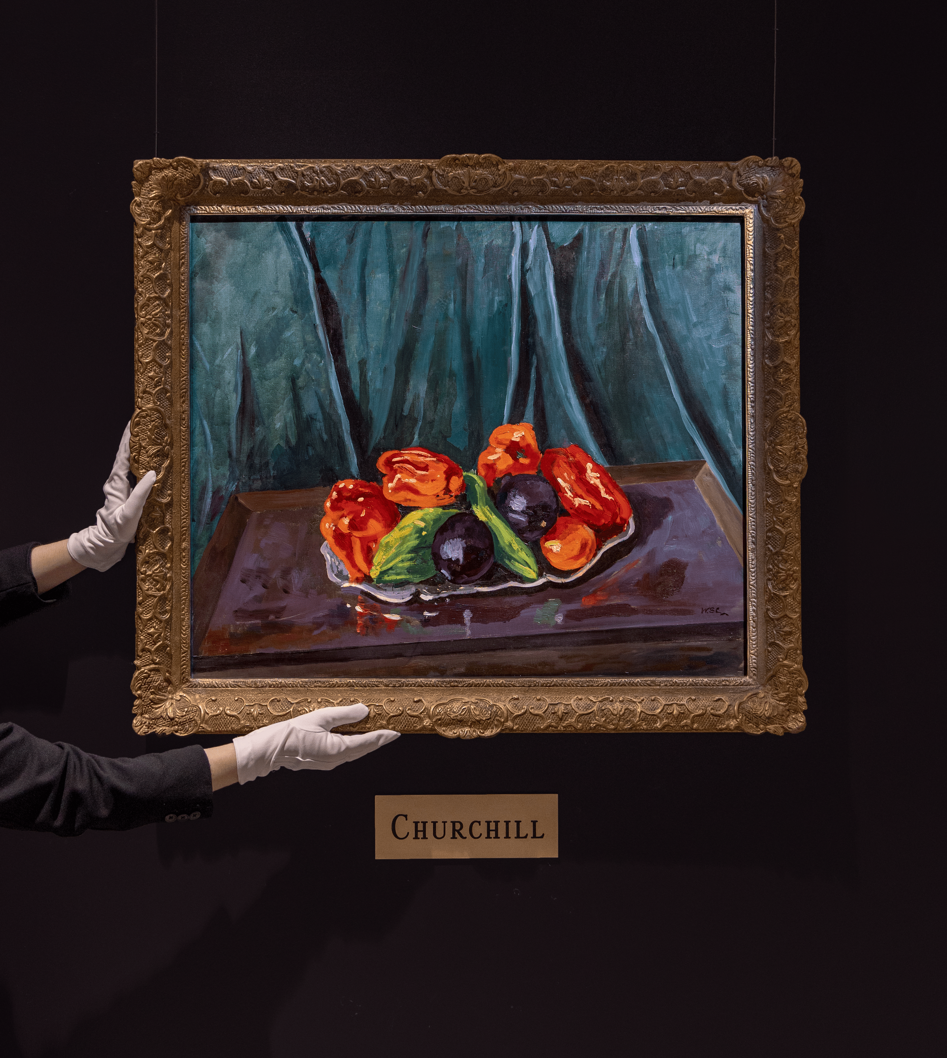 Still Life with Aubergines and Red Peppers on a Silver Tray by Winston Churchill