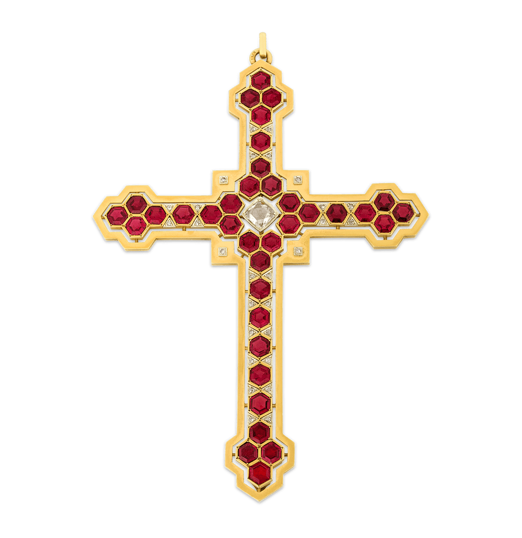 Mellerio Garnet, Diamond and Gold Cross Pendant