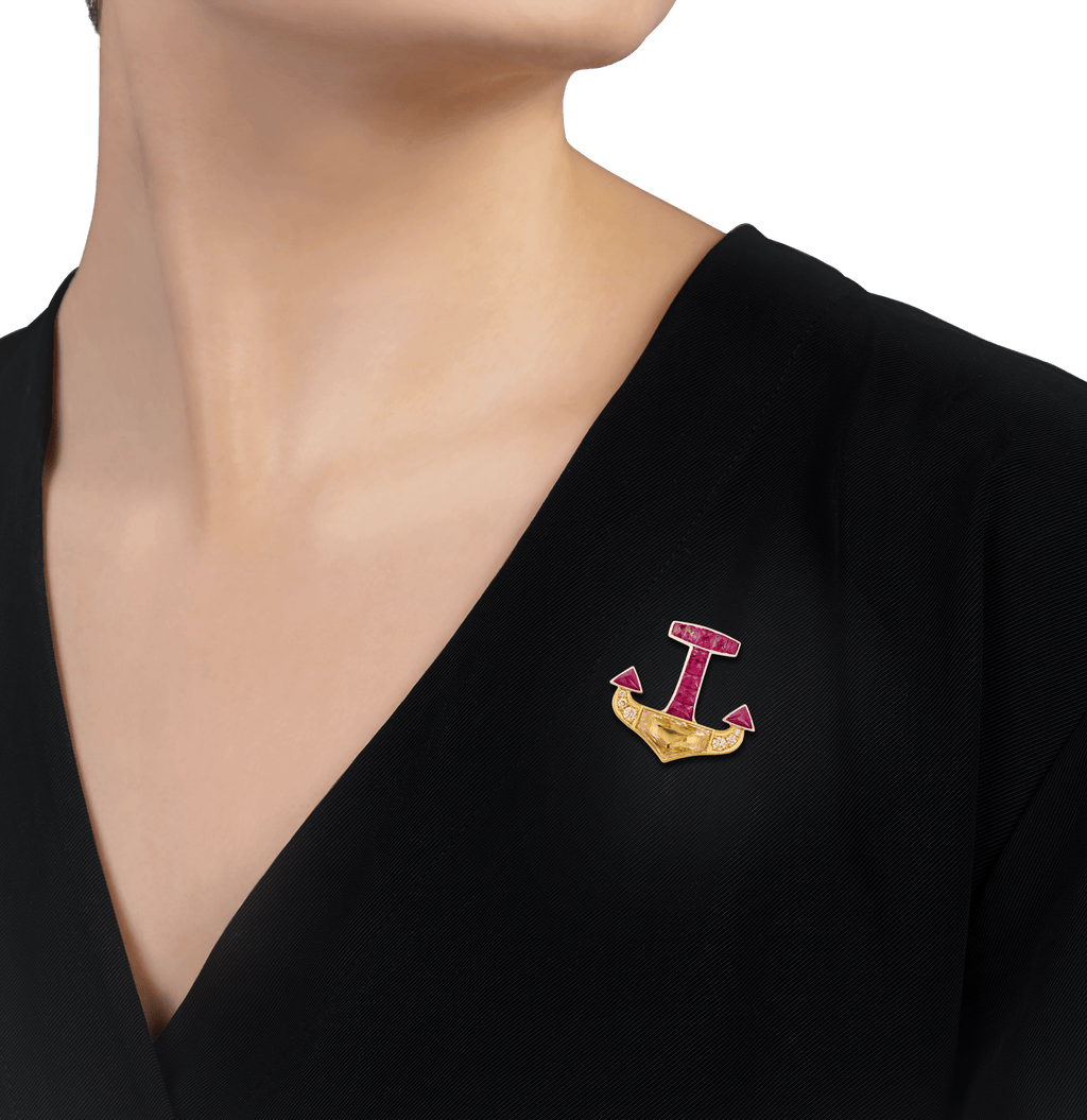 Ruby and Yellow Diamond Anchor Brooch
