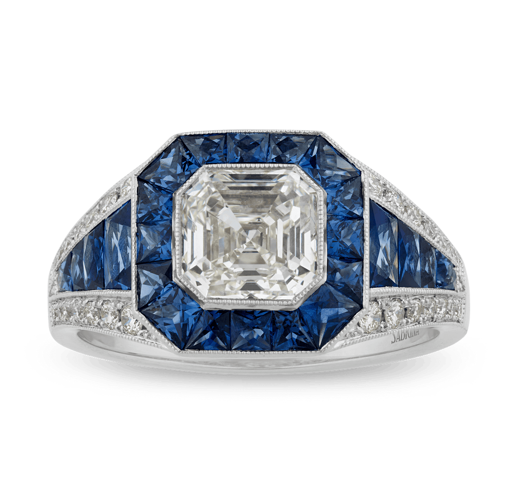 Art Deco-Style Asscher Cut Diamond and Sapphire Ring, 1.52 Carats