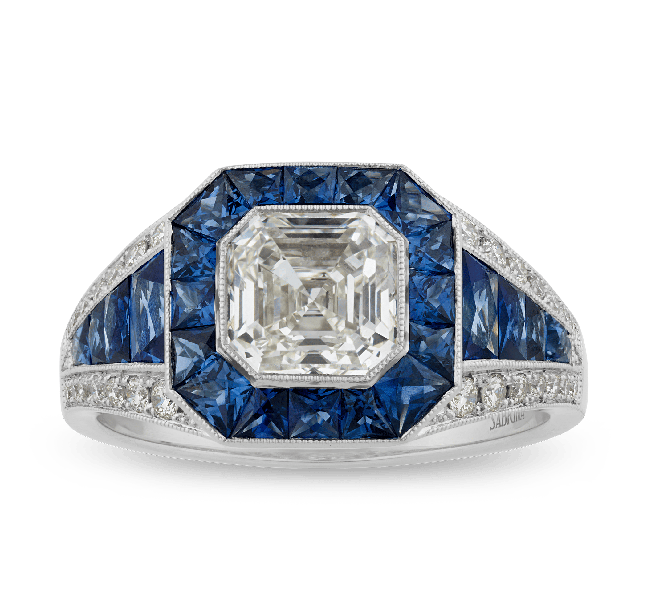 Art Deco-Style Asscher Cut Diamond and Sapphire Ring, 1.52 Carats