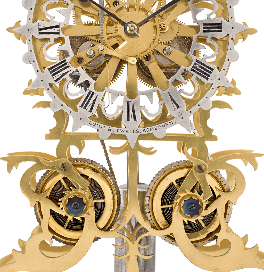 English Rose Window Skeleton Clock by Evans of Handsworth