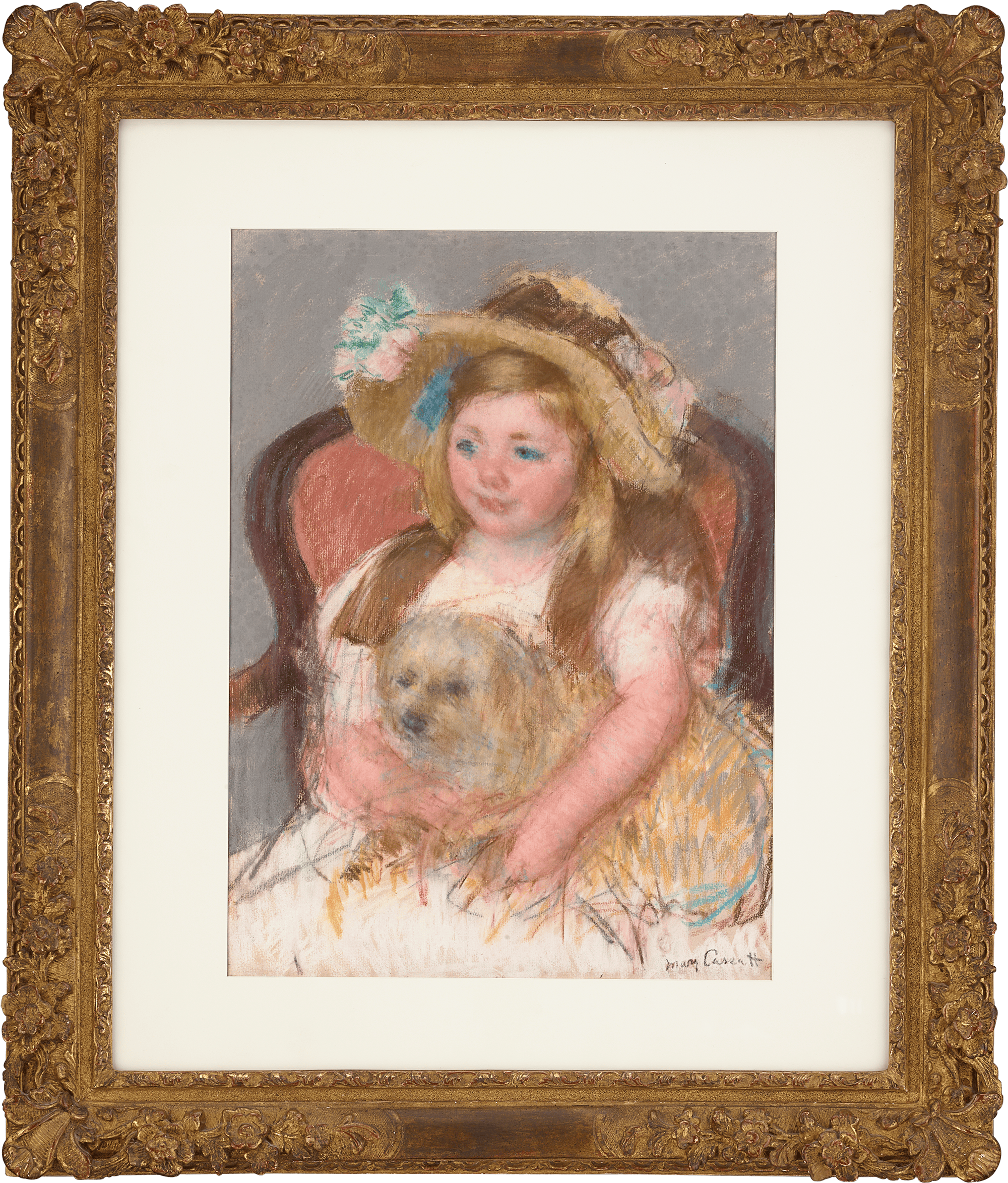 Smiling Sara in a Big Hat Holding Her Dog by Mary Cassatt