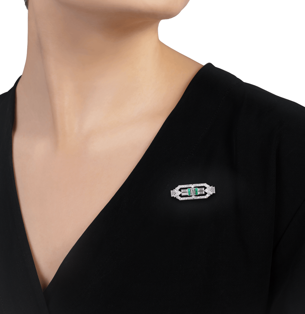 Art Deco Emerald and Diamond Pin