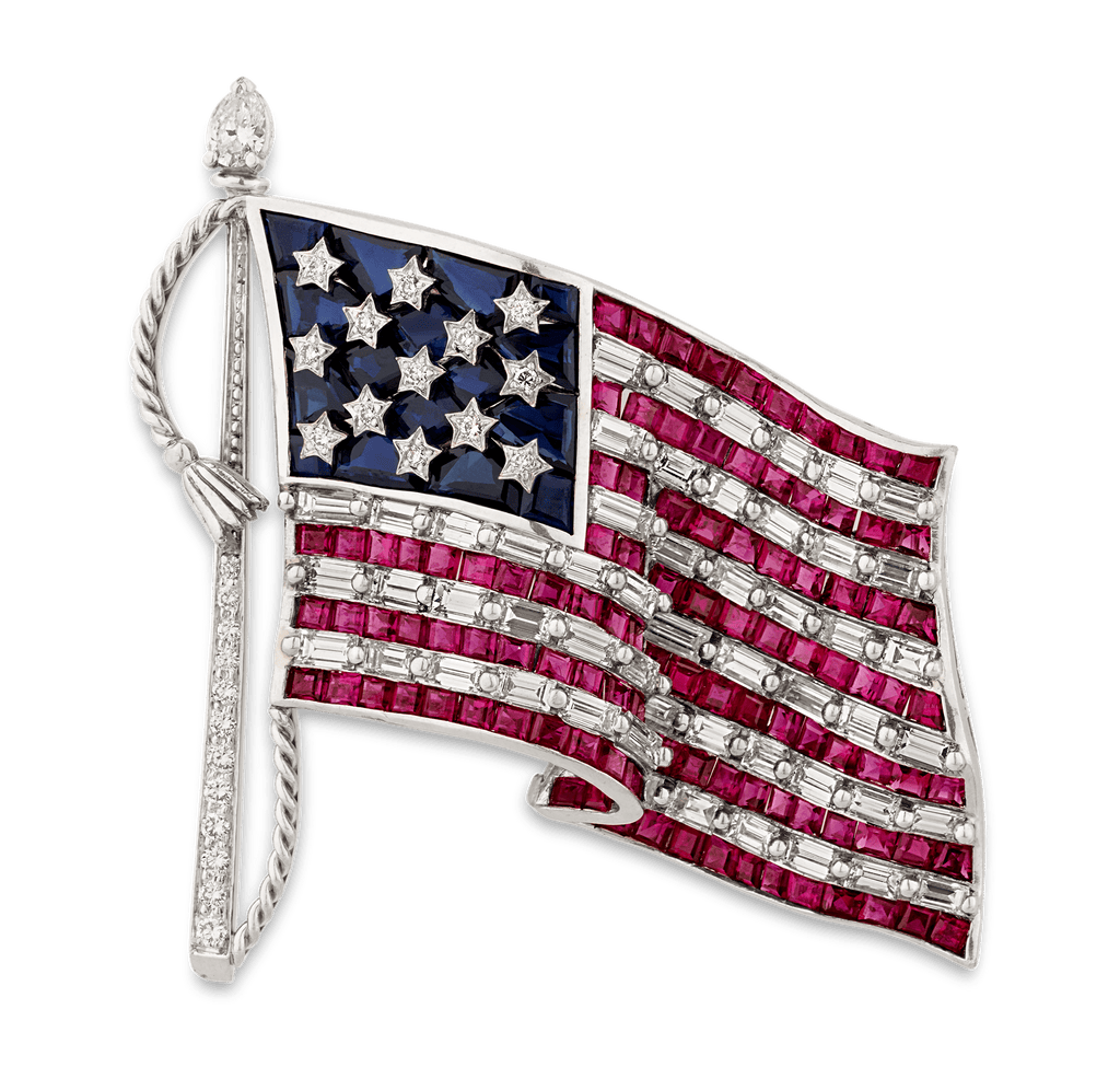 Oscar Heyman Ruby, Diamond and Sapphire American Flag Brooch