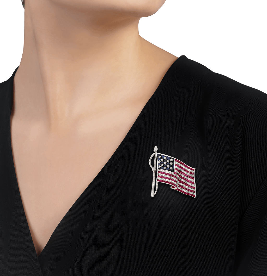 Oscar Heyman Ruby, Diamond and Sapphire American Flag Brooch
