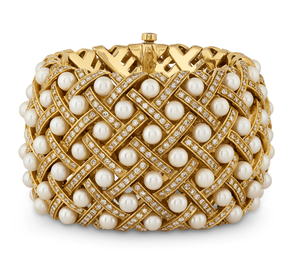 Matelassée-Style Pearl & Diamond Cuff Bracelet