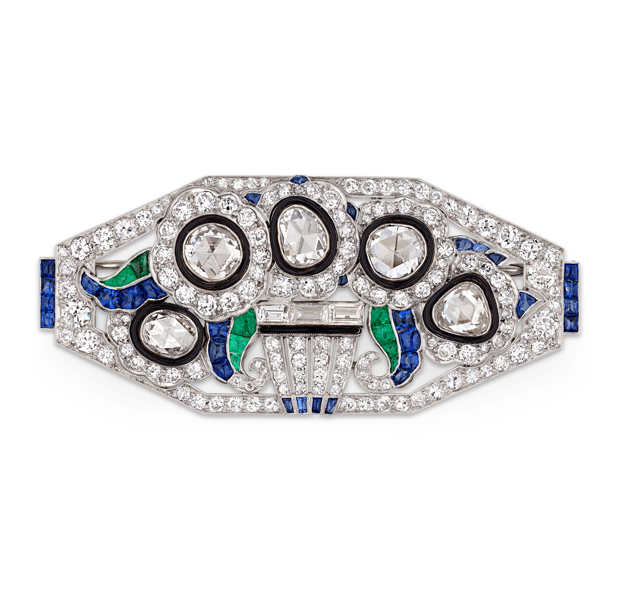 Mauboussin Art Deco Diamond, Emerald and Sapphire Brooch