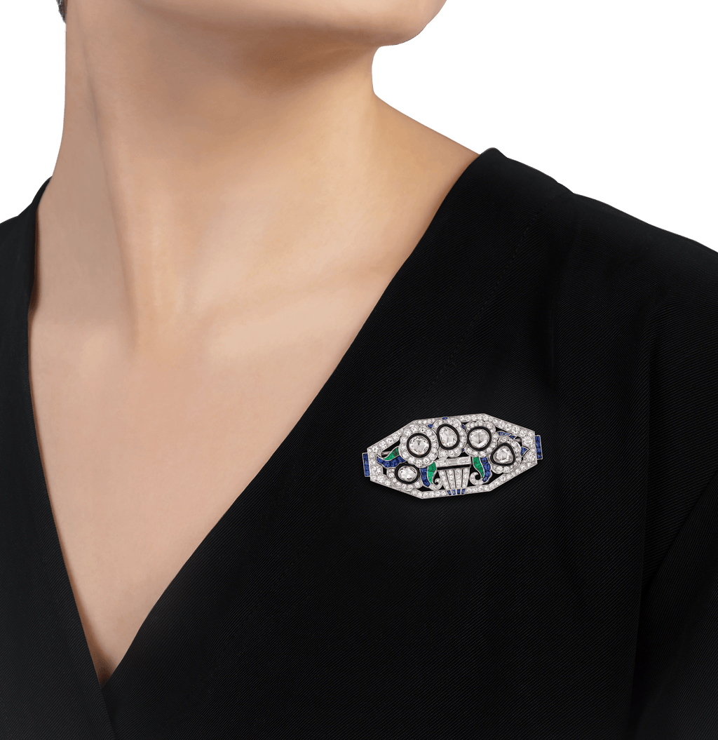 Mauboussin Art Deco Diamond, Emerald and Sapphire Brooch