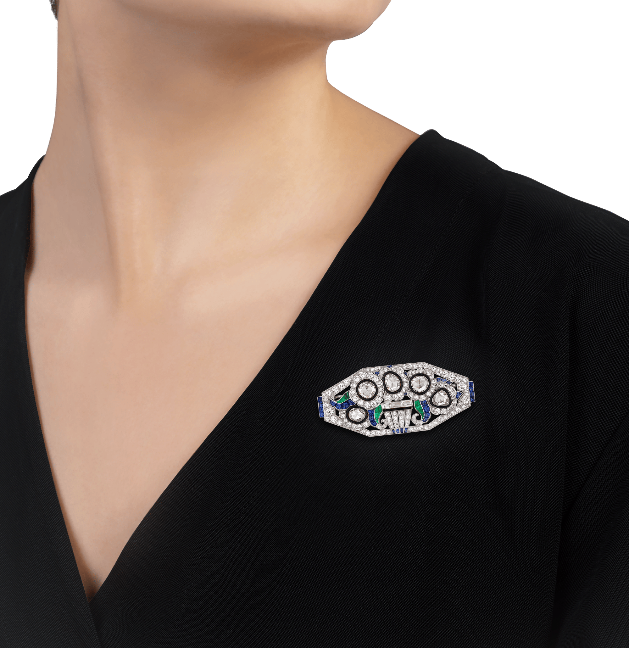 Mauboussin Art Deco Diamond, Emerald and Sapphire Brooch