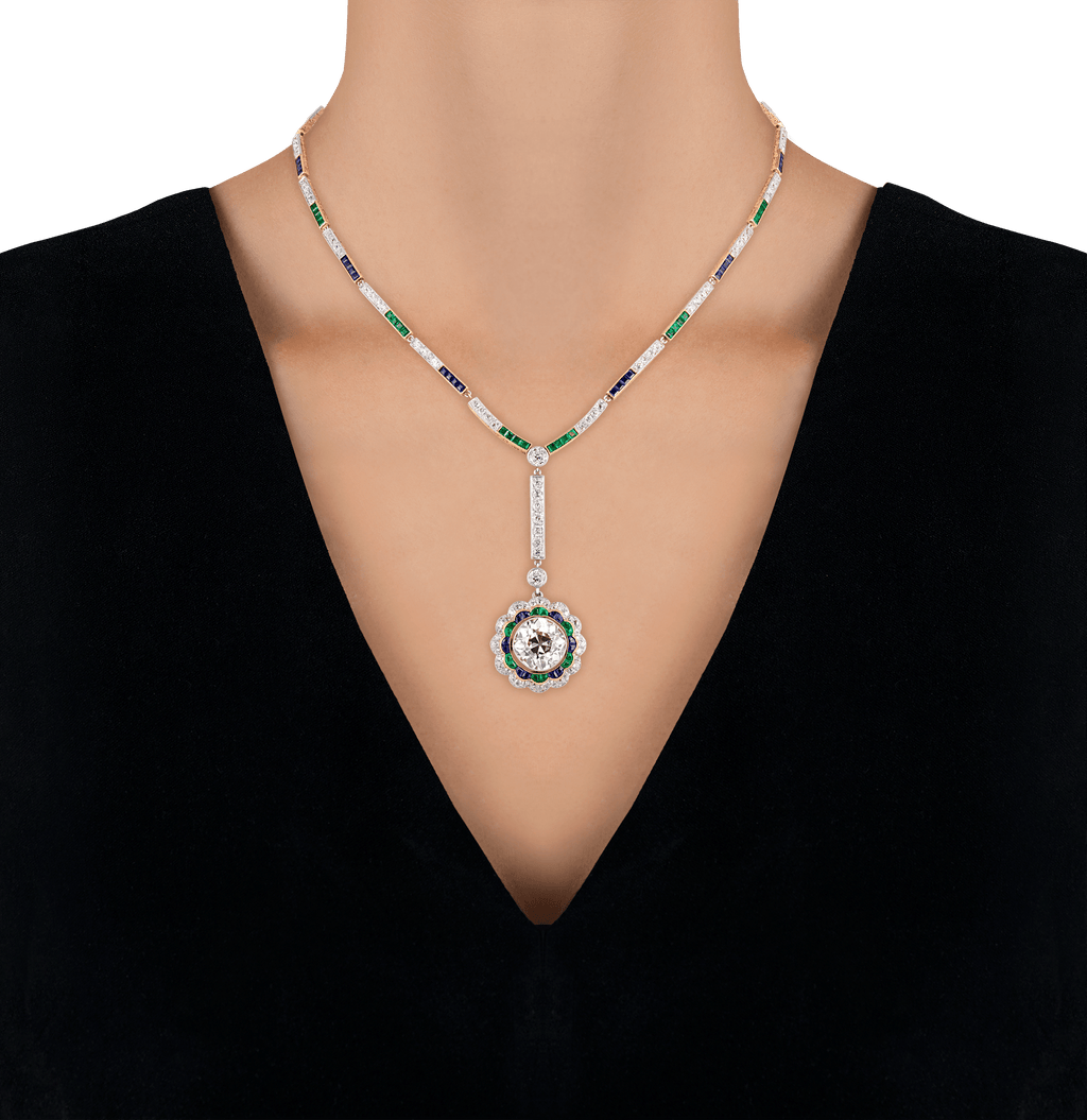 Art Deco Diamond, Emerald and Sapphire Necklace