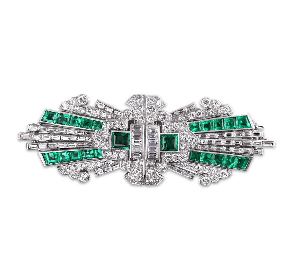 Art Deco Emerald and Diamond Double Clip Brooch