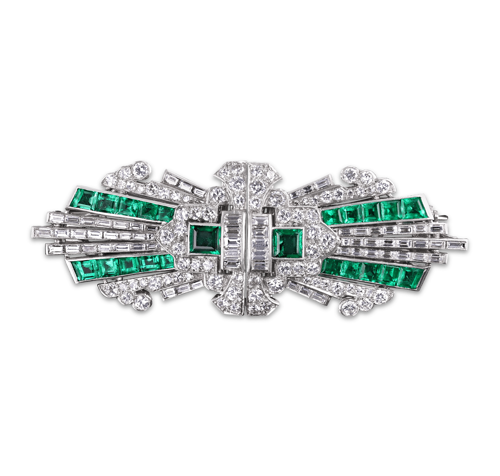 Art Deco Emerald and Diamond Double Clip Brooch
