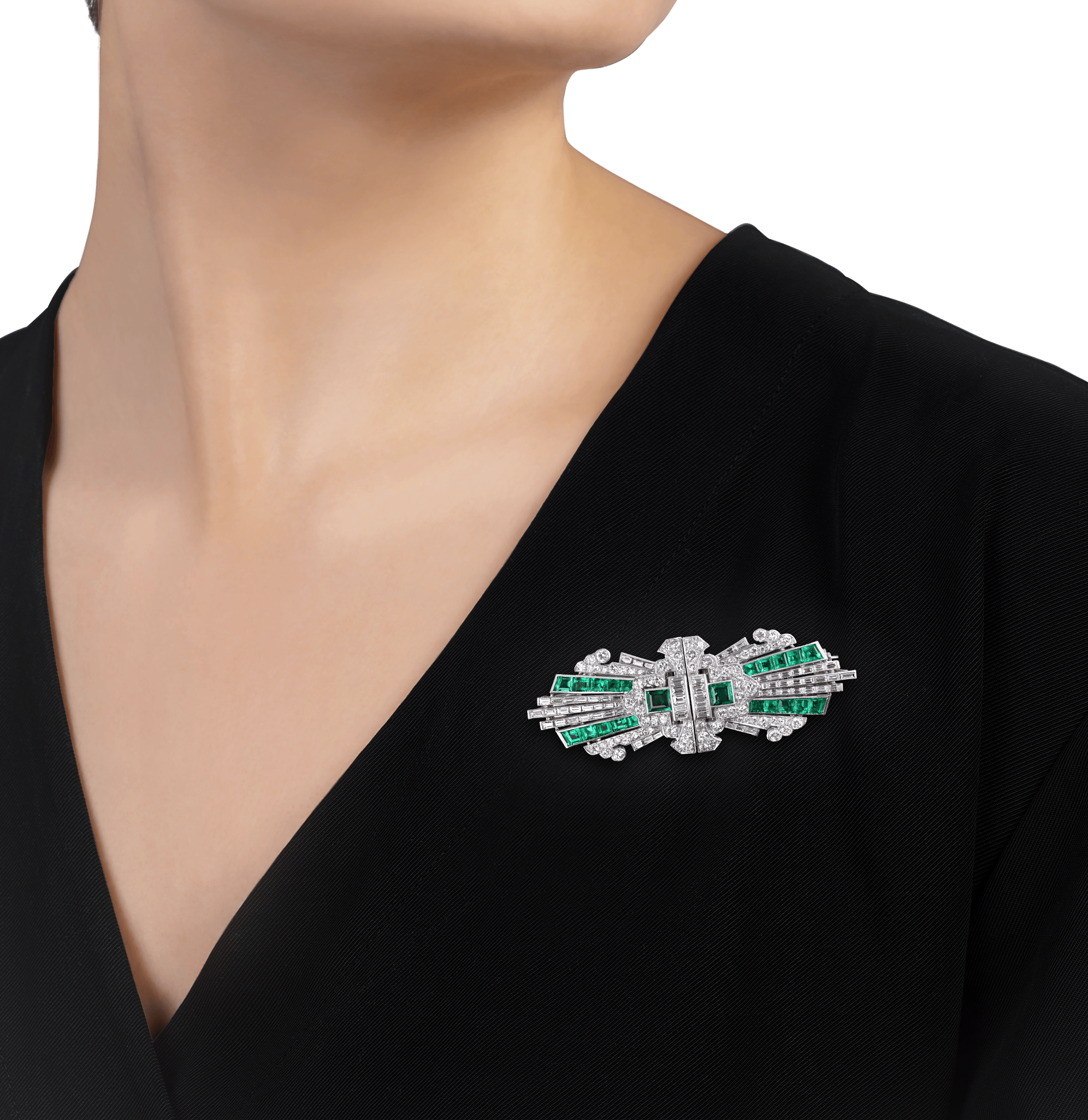 Art Deco Emerald and Diamond Double Clip Brooch