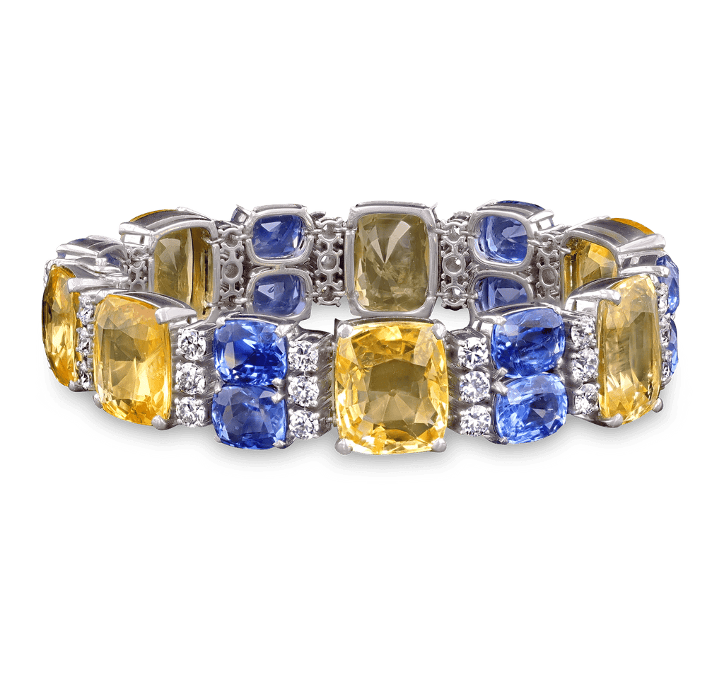 Julius Cohen Ceylon Yellow and Blue Sapphire Bracelet, 89.91 Carats