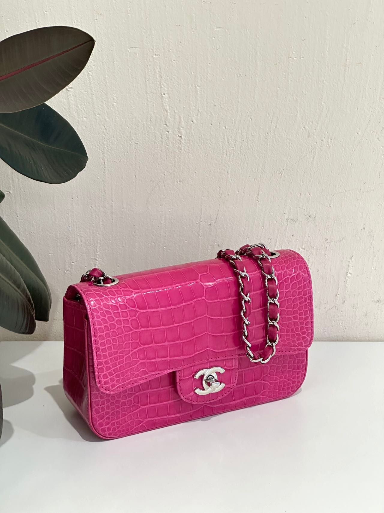 Chanel pink crocodile leather mini flap silver hardware