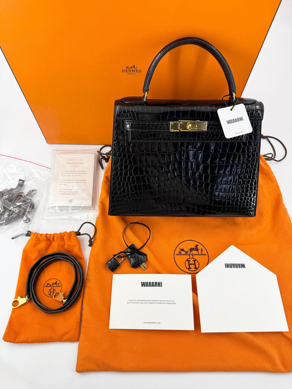 Hermes kelly 28 black shiny crocodile leather Gold hardware