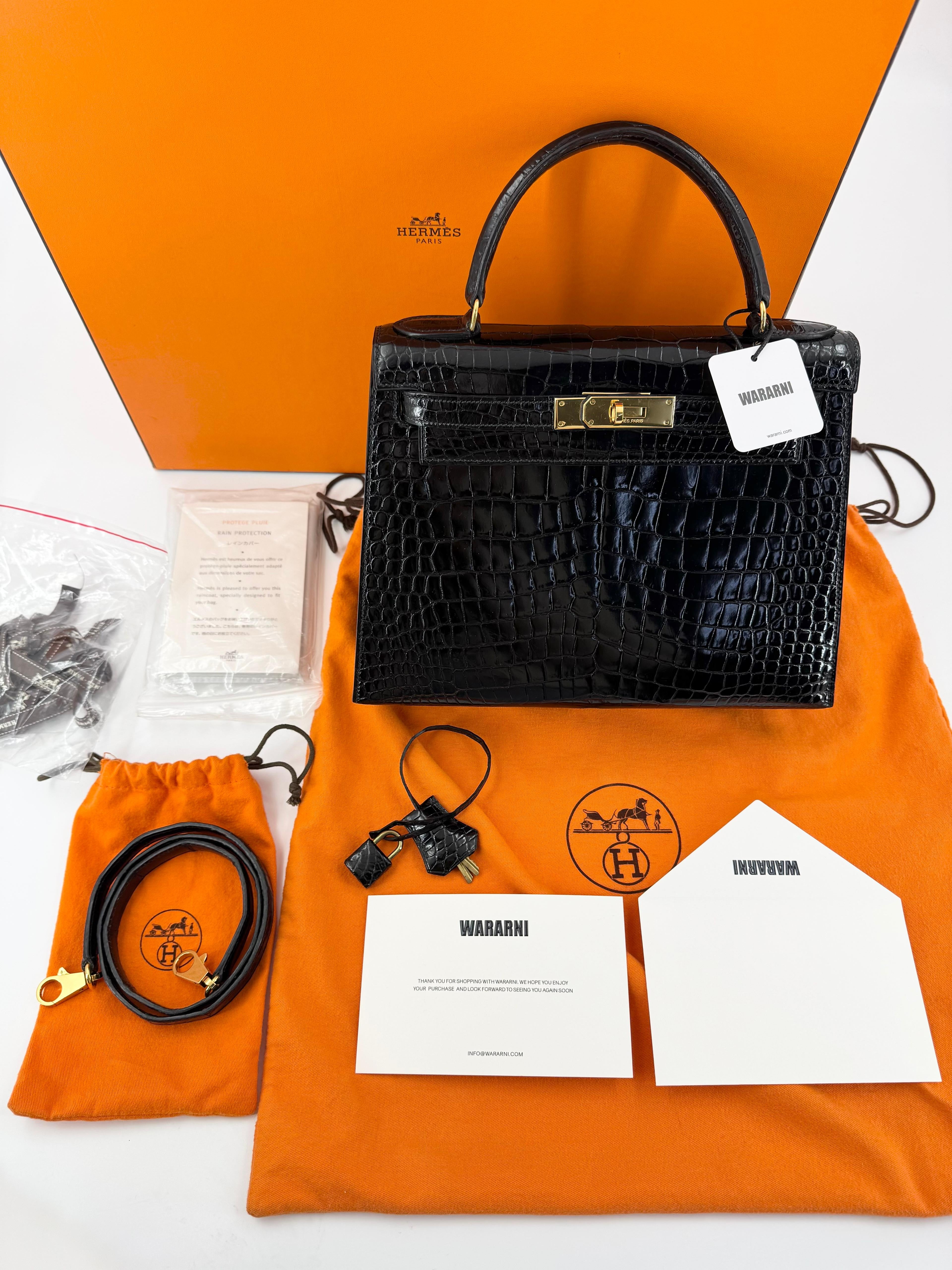 Hermes kelly 28 black shiny crocodile leather Gold hardware