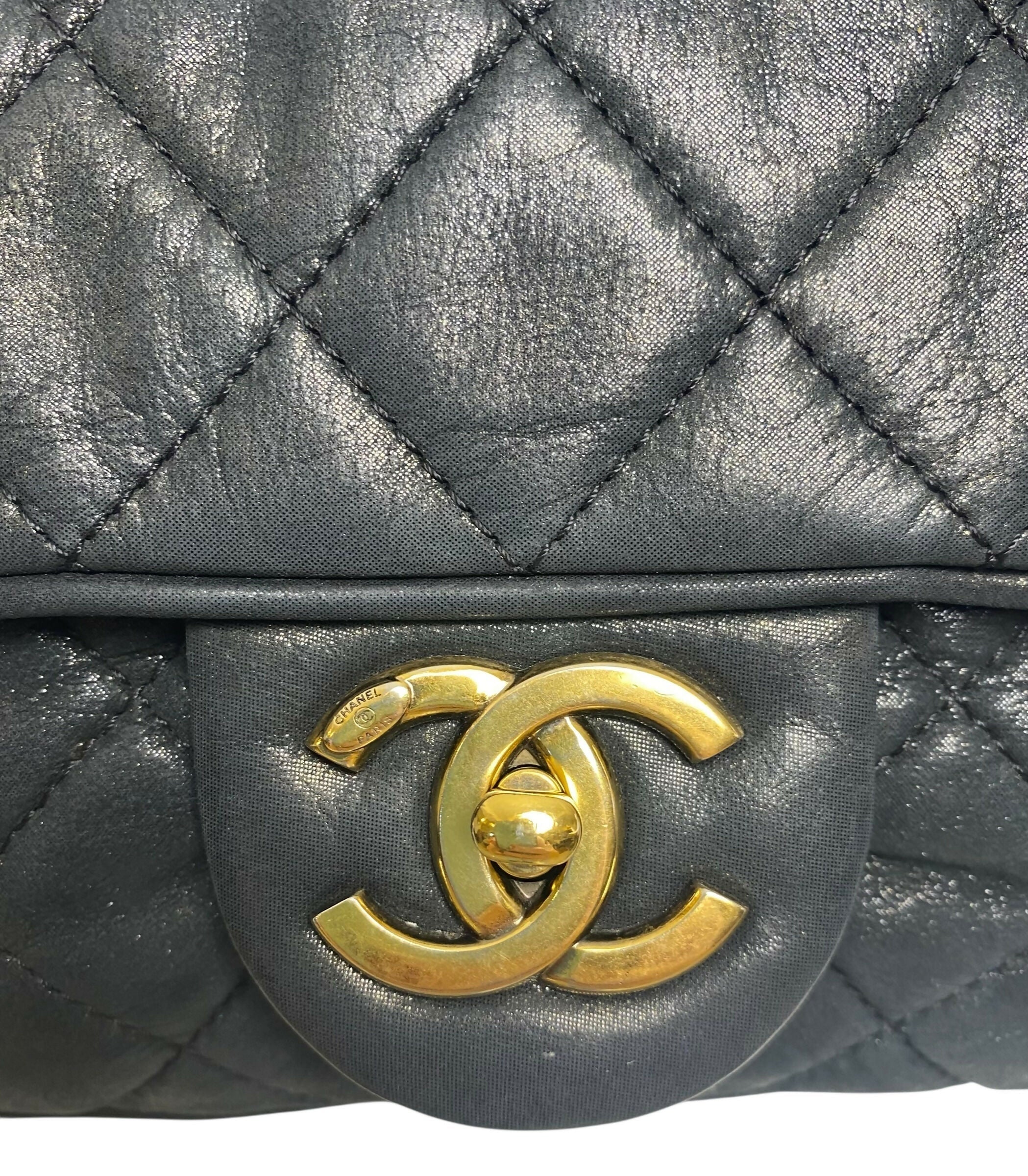 Chanel 2013 Black Quilted Iridescent Calfskin Shiva Jumbo Classic Flap Bag Gold Hardware