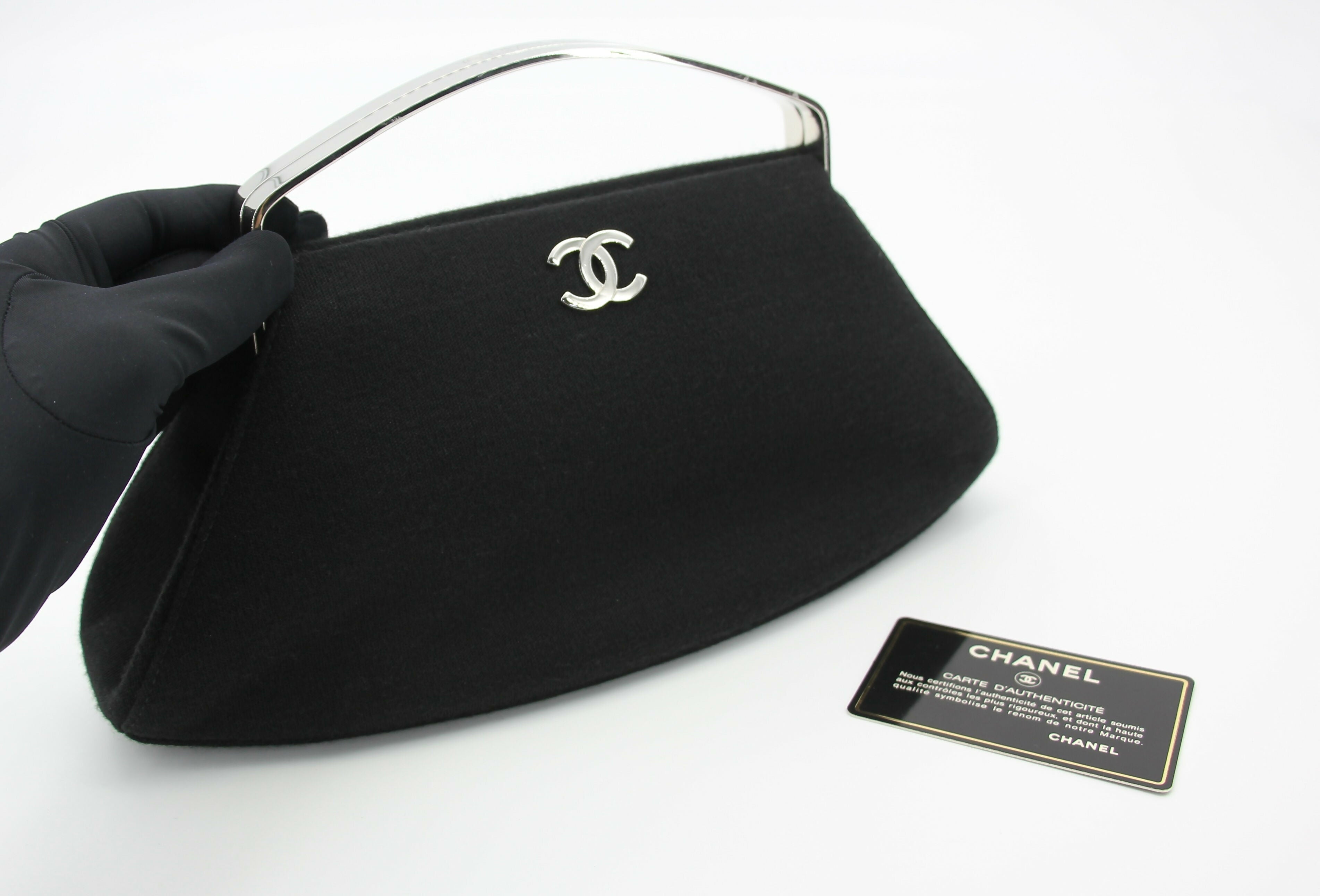 Chanel Vintage 97-99 Metal & Suede Black Silver Top Handle Satchel Clutch Evening Party Bag