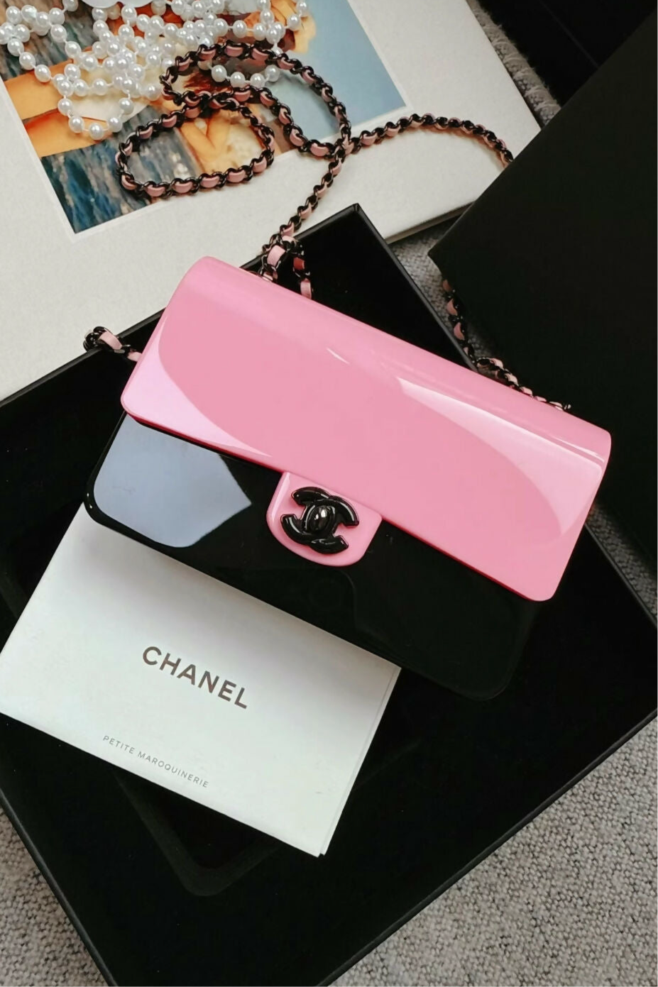 Chanel 21k pink & black mini acrylic small chain bag