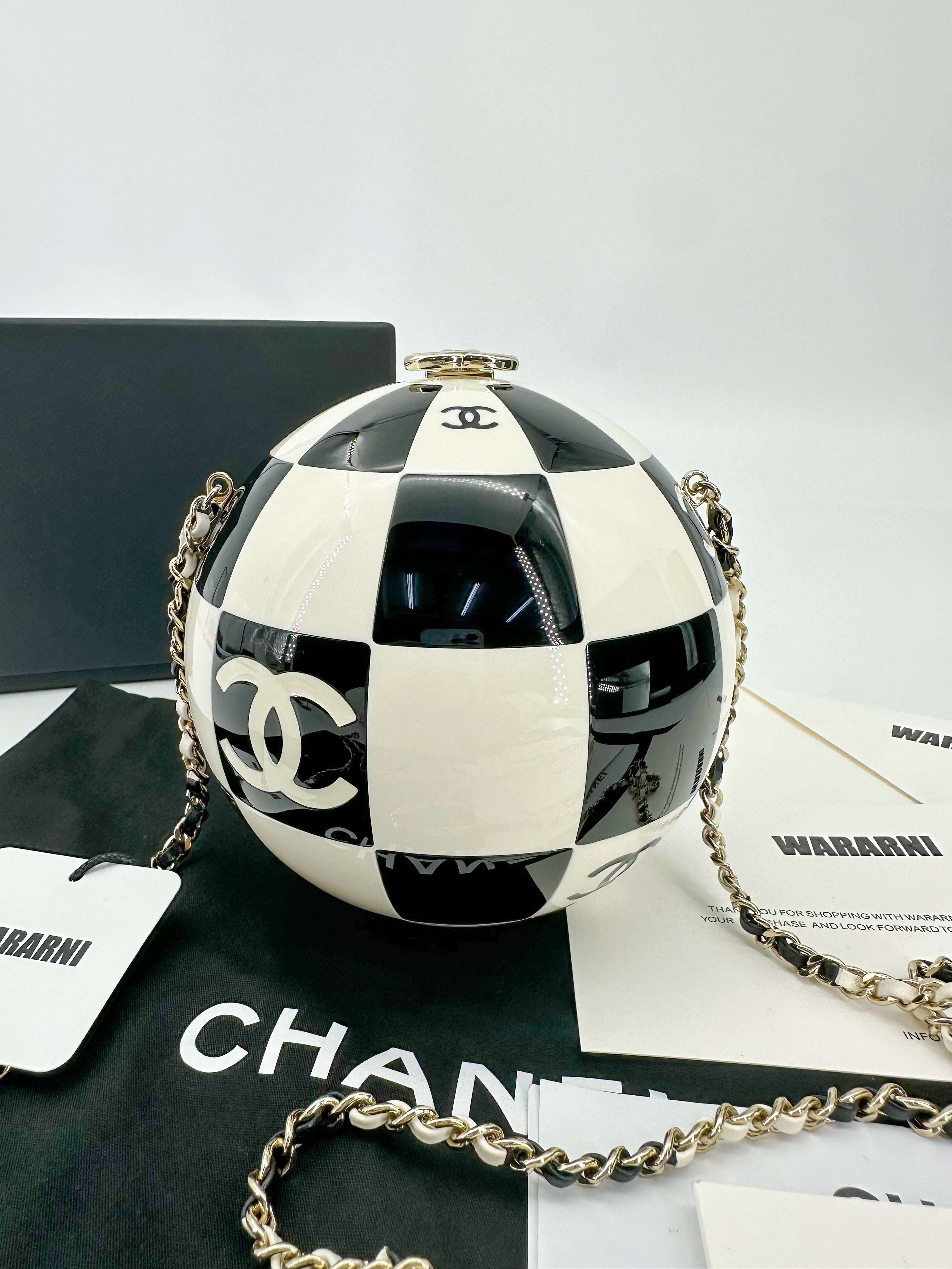 Chanel 23C Black and White Resin and Enamel Checker Sphere Minaudiere Pale Gold Hardware