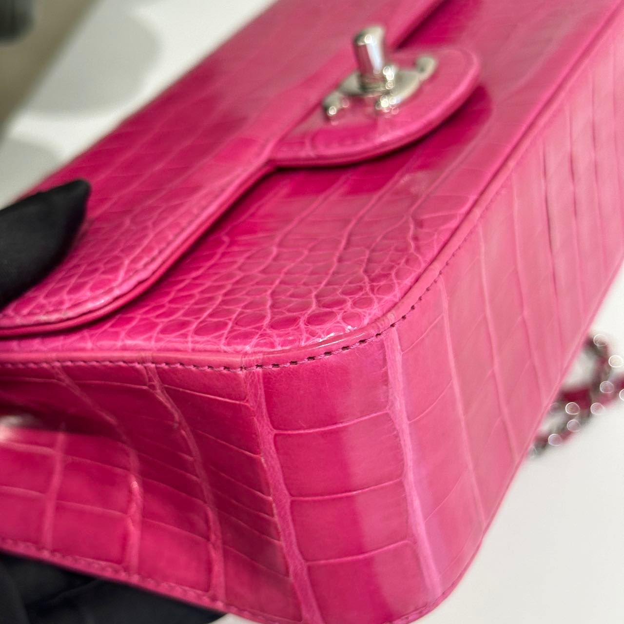 Chanel pink crocodile leather mini flap silver hardware