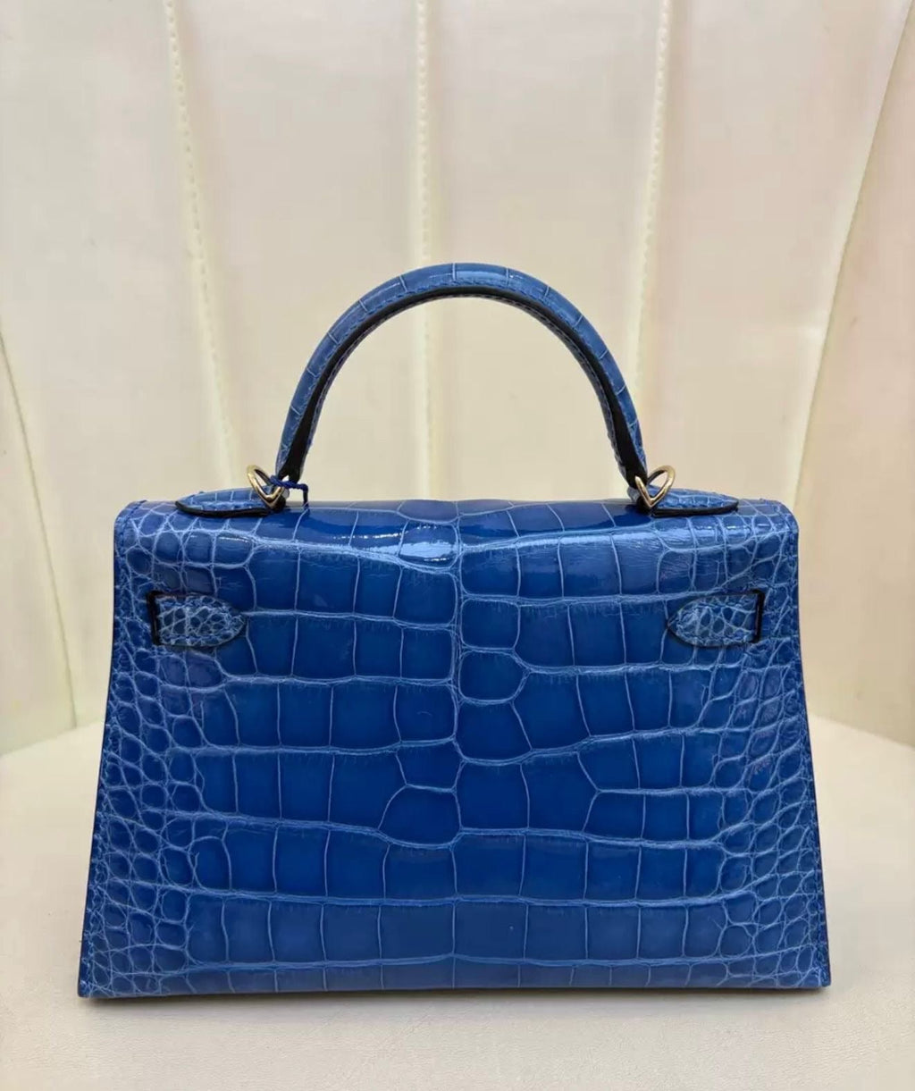 Hermes Mini Kelly 20 Blue Zellige Shiny crocodile leather gold hardware