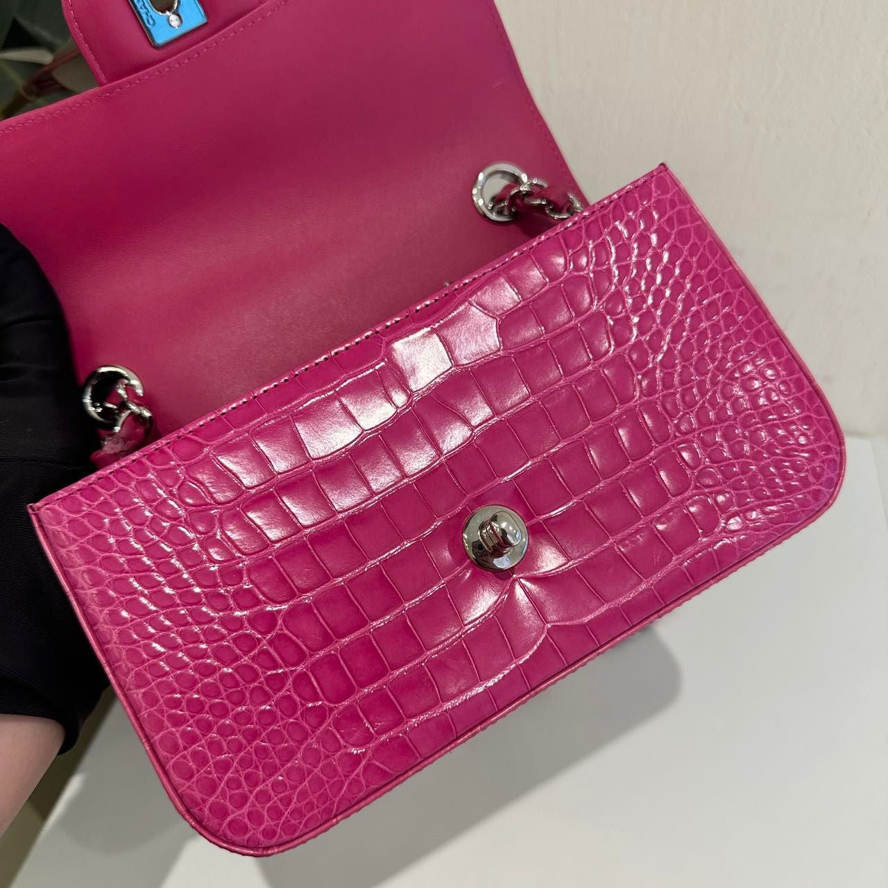 Chanel pink crocodile leather mini flap silver hardware