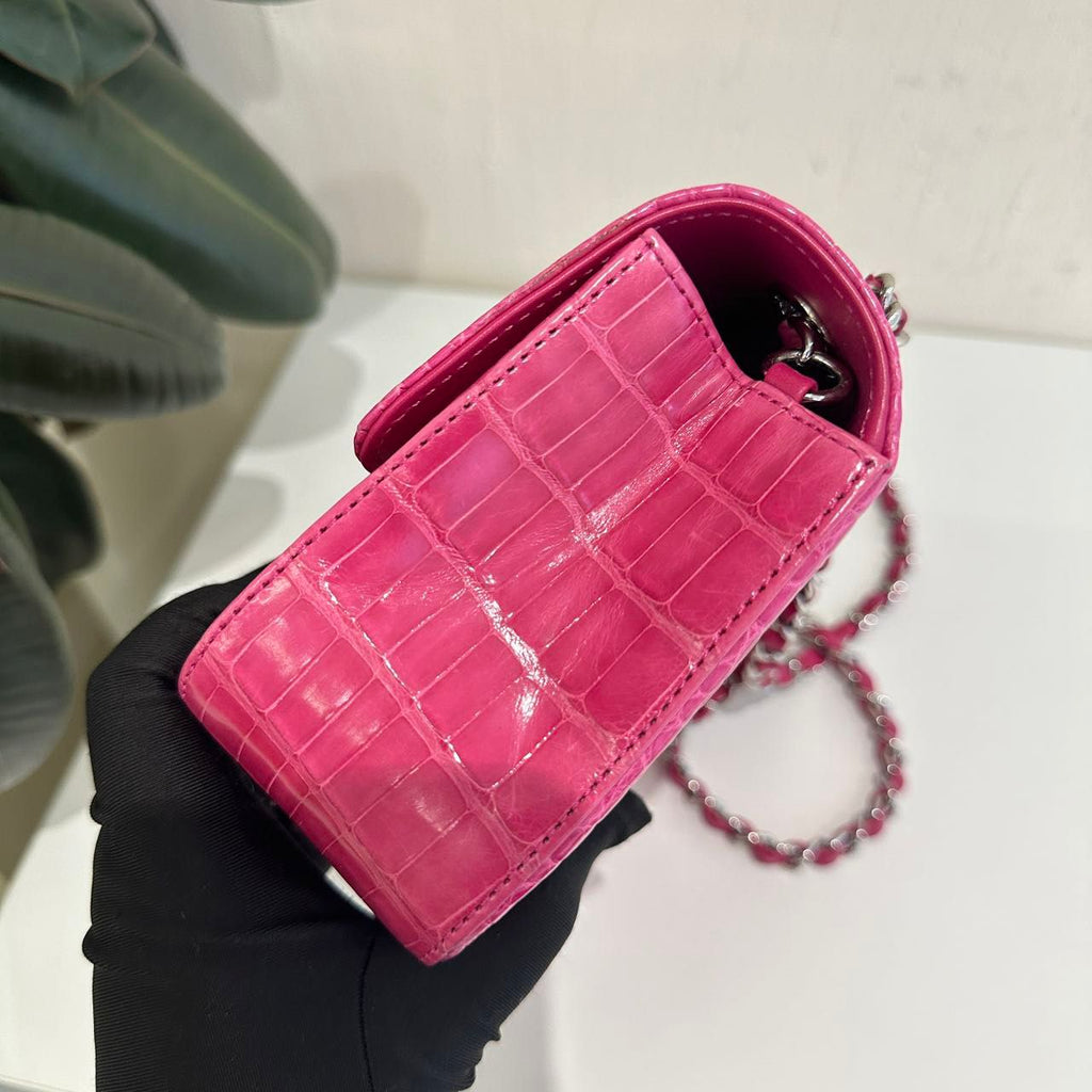 Chanel pink crocodile leather mini flap silver hardware