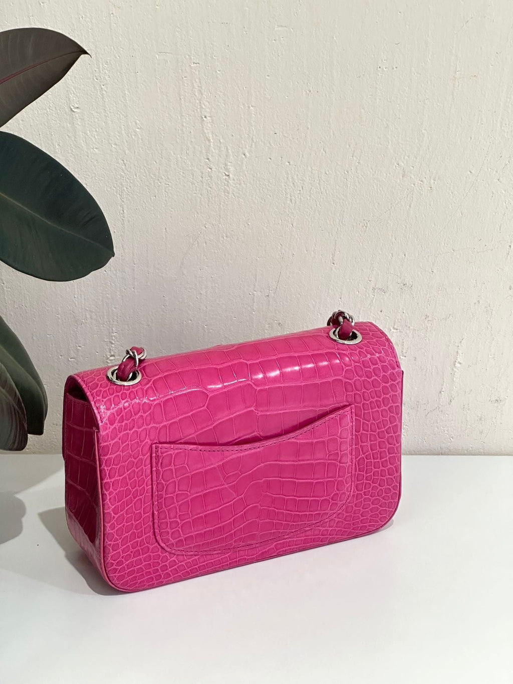 Chanel pink crocodile leather mini flap silver hardware