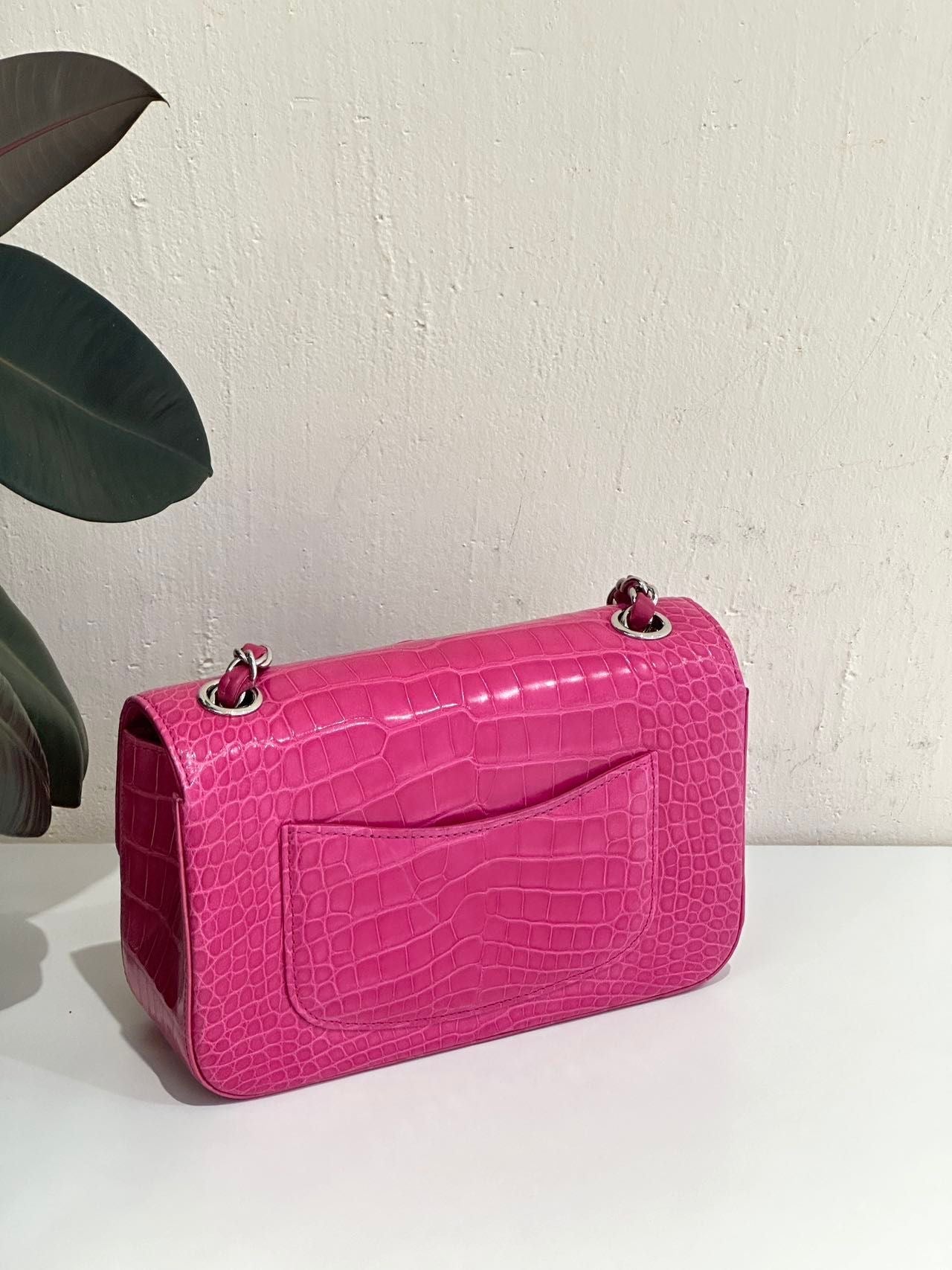 Chanel pink crocodile leather mini flap silver hardware