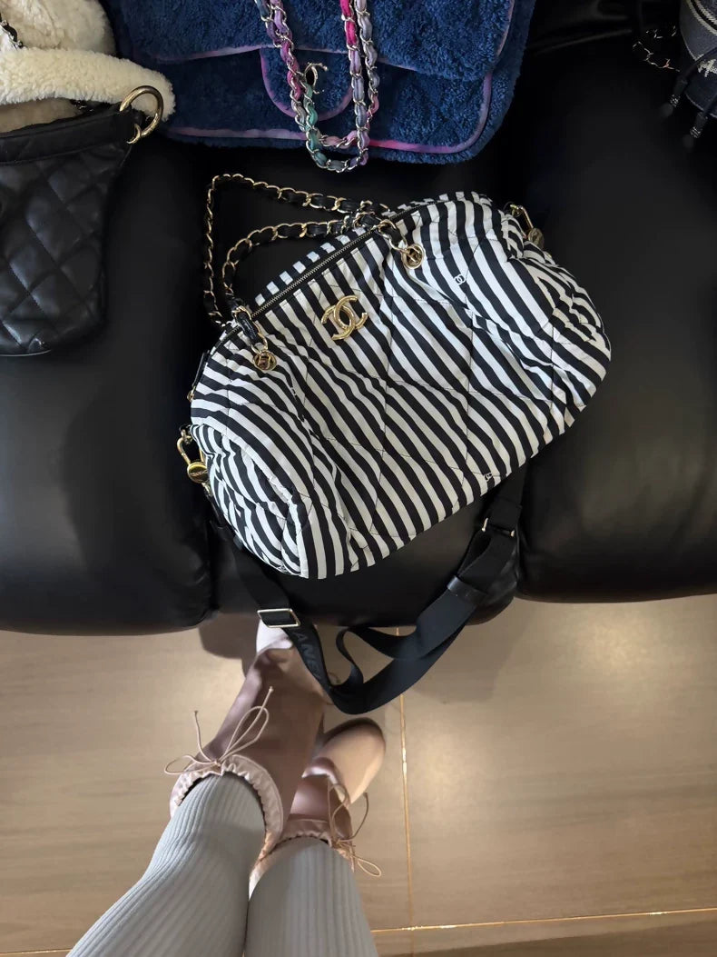 Chanel 24 coco Beachblack and white stripes double chain shoulder bag