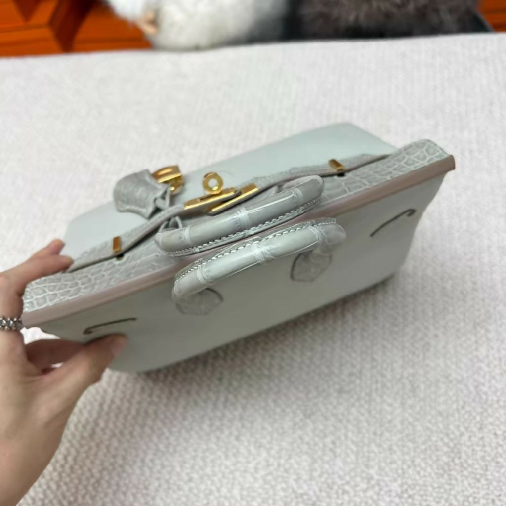 Hermès Birkin 25 Matte Crocodile Touch Pearl Gray Togo Leather Good Hardware