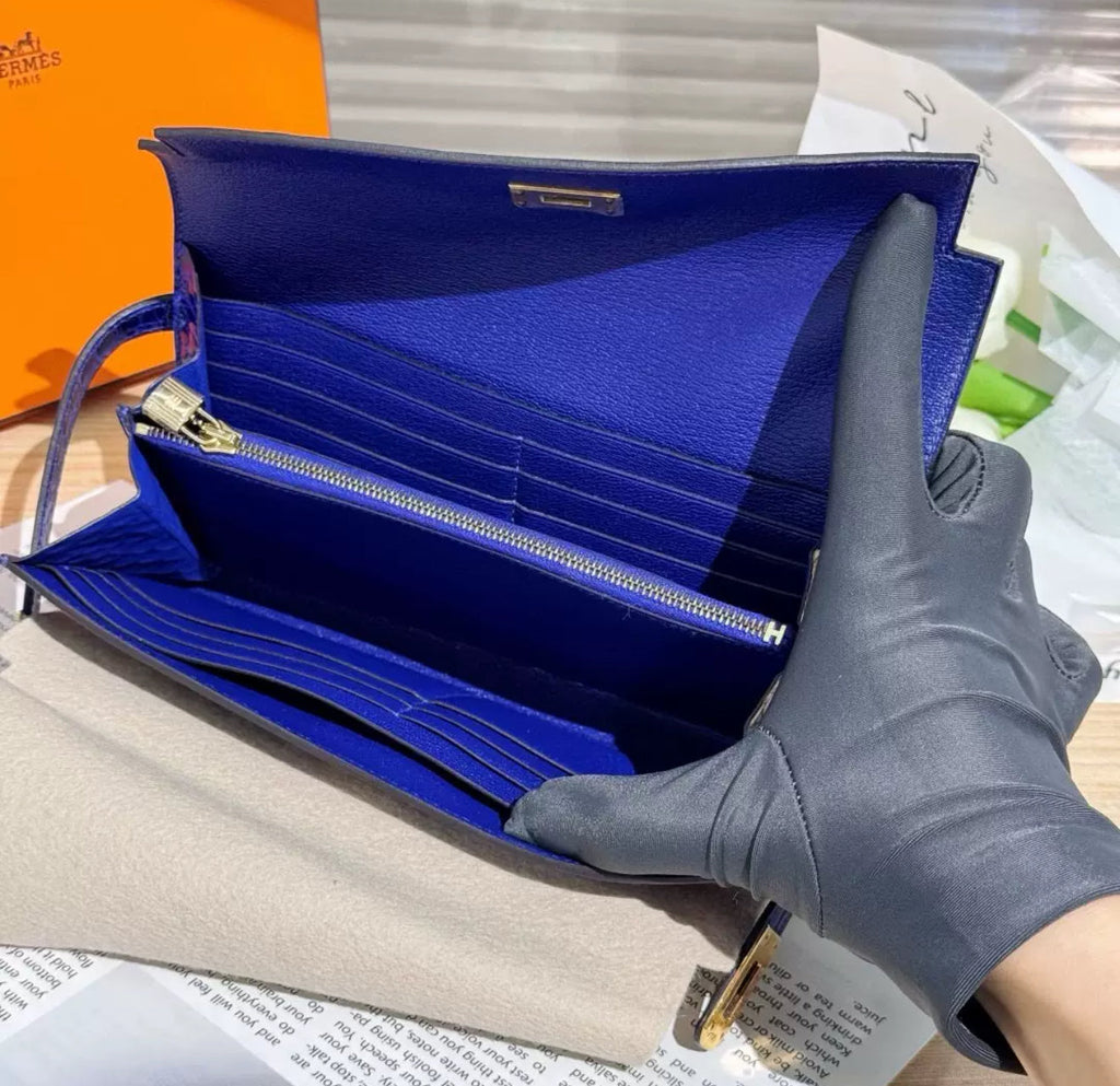 Hermès Kelly long electric blue shiny crocodile leather gold hardware