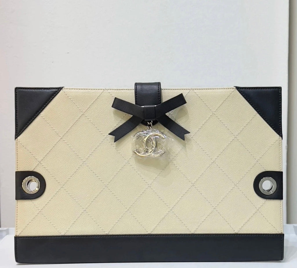 Chanel Medium Off White/Black Quilted Leather Drawing Portfolio Bag
