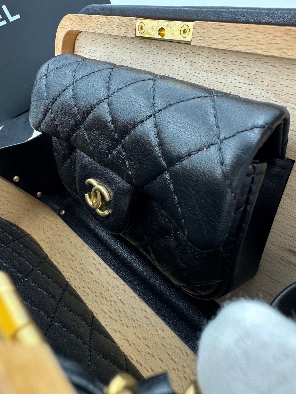 Chanel 2022 Beech Wood and Black Lambskin CC Vanity Case Brushed Gold Hardware