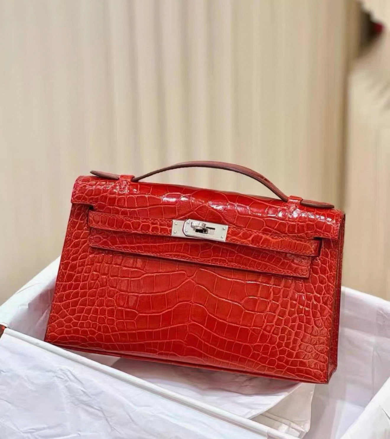 Hermès Kelly Pochette Rouge Shiny Crocodile leather Palladium Hardware