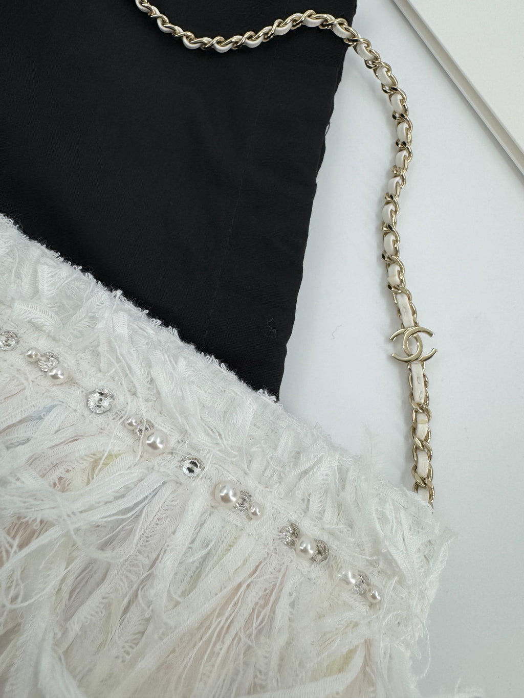 Chanel 25S Embroidered Tweed, Feathers, Imitation Pearls & Gold-Tone Metal Clutch in White