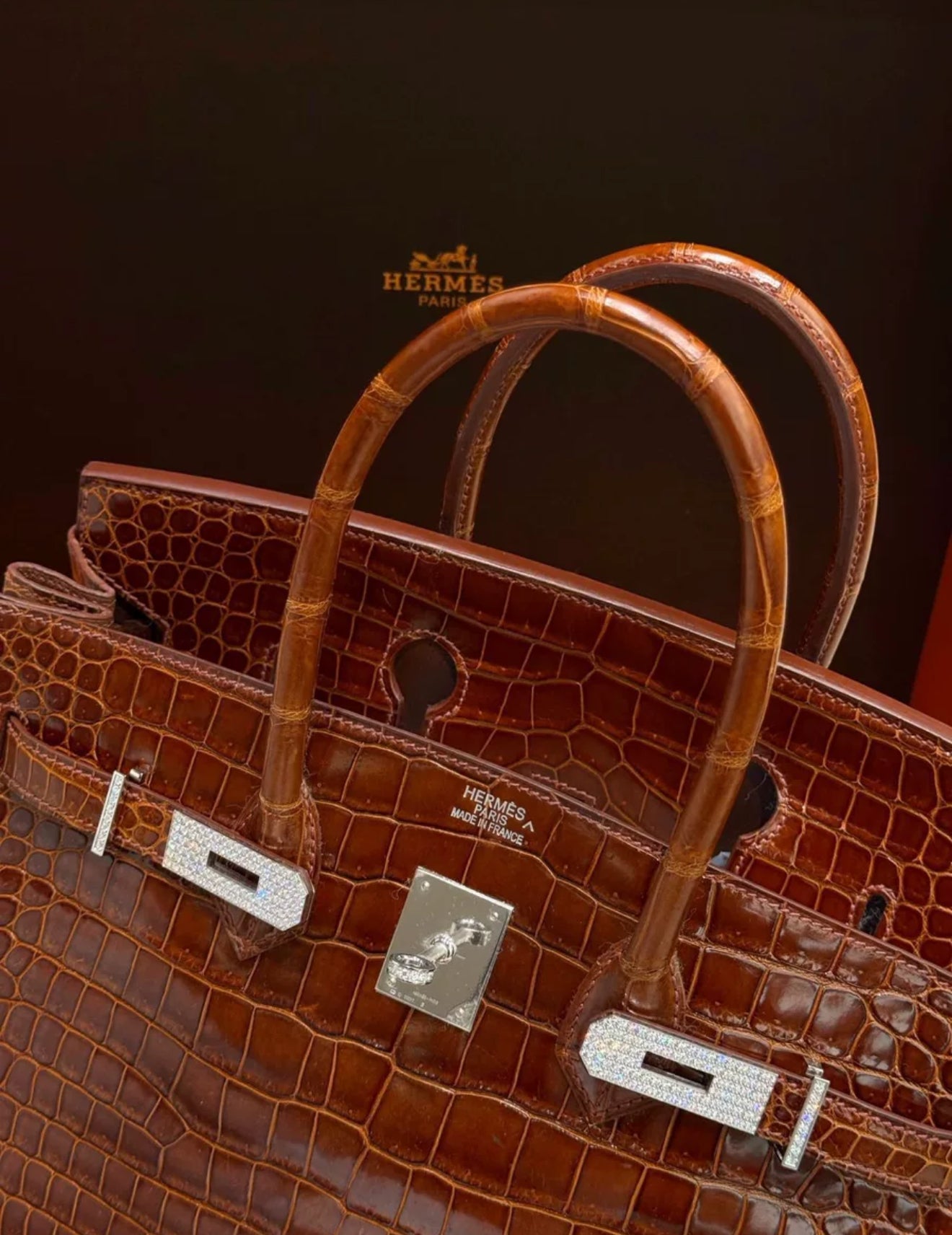 Hermes Birkin 35 Miel Honey Brown Shinny Crocodile Leather with Diamond Hardware