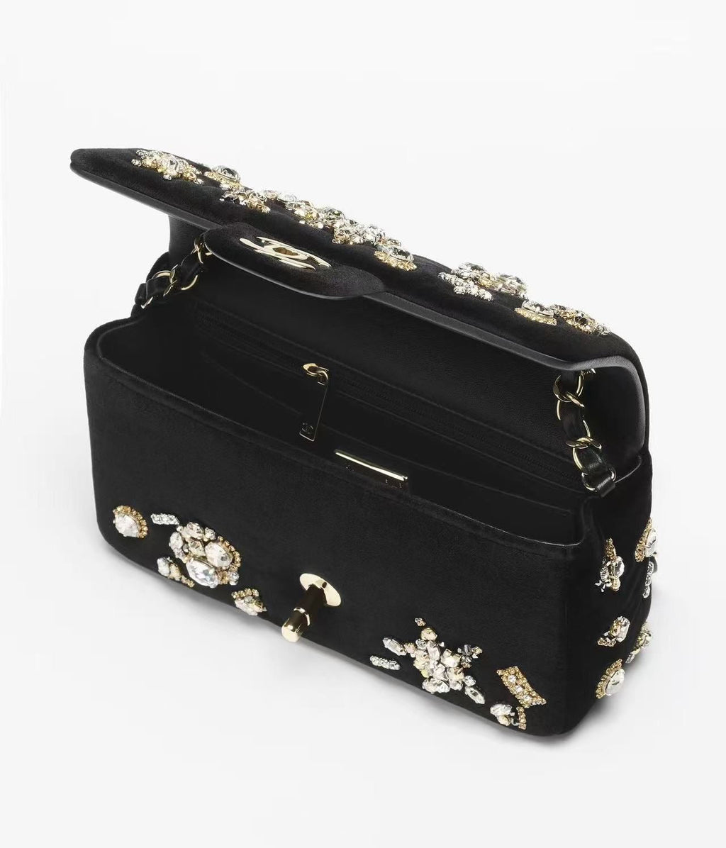 Chanel Fall-Winter 2025/26 MINI CLASSIC HANDBAG Velvet, Strass, Imitation Pearls & Gold-Tone Metal 
Black, Crystal & Golden